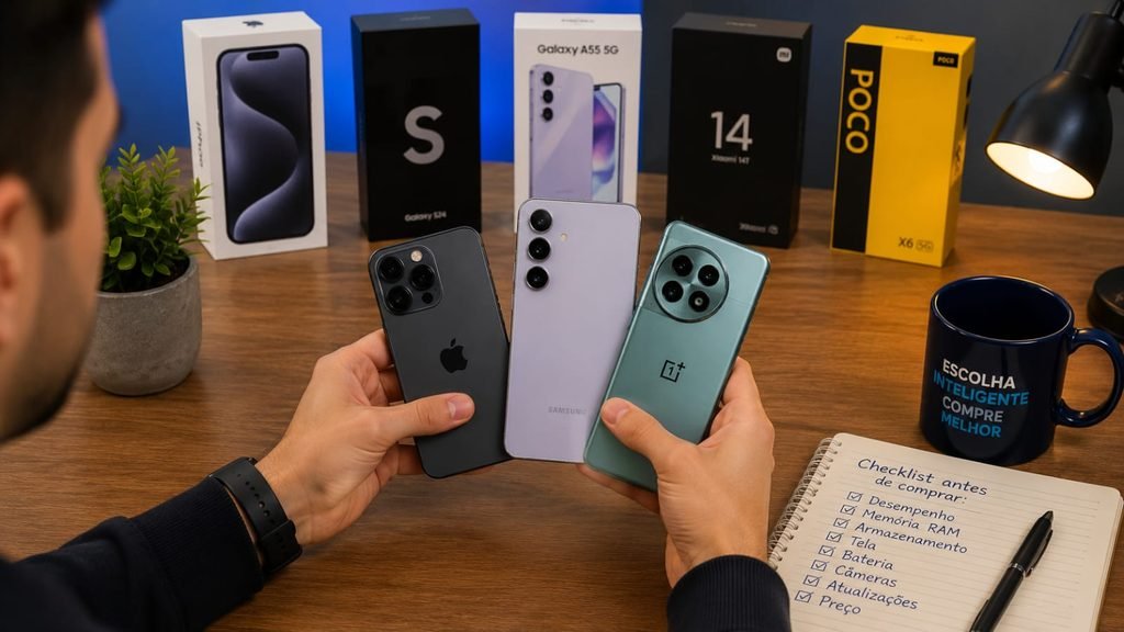 Pessoa comparando diferentes celulares antes de comprar.
