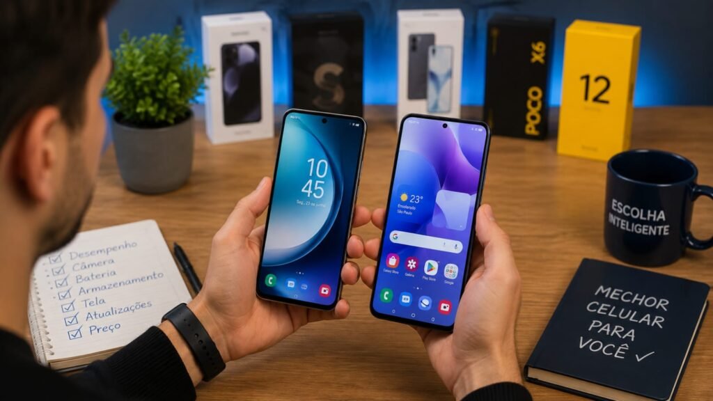 Pessoa comparando dois celulares antes de comprar.