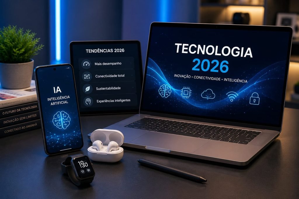 Tendências de tecnologia em 2026 com notebook, smartphone, inteligência artificial e dispositivos conectados.